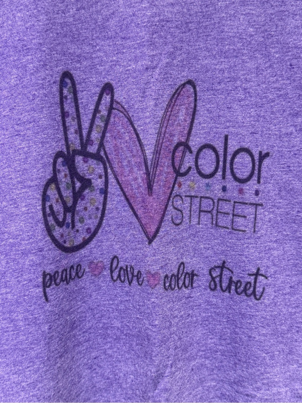 Color Street Purple Graphic Tee with Peace ❤️ Love ❤️ Color Street motif.